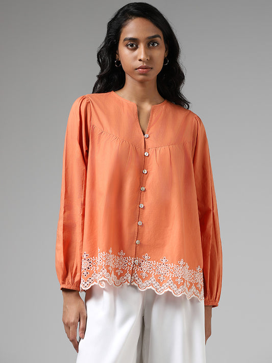 Bombay Paisley Orange Schiffli Scalloped-Hem Pleated Top