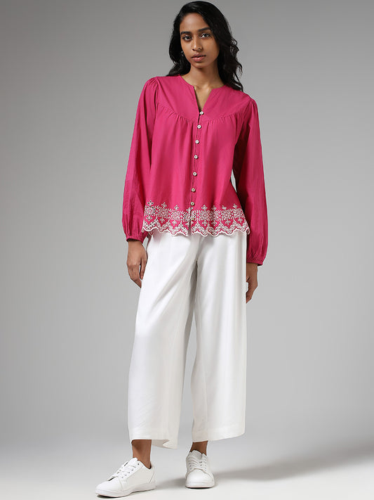 Bombay Paisley Pink Schiffli Scalloped-Hem Pleated Top