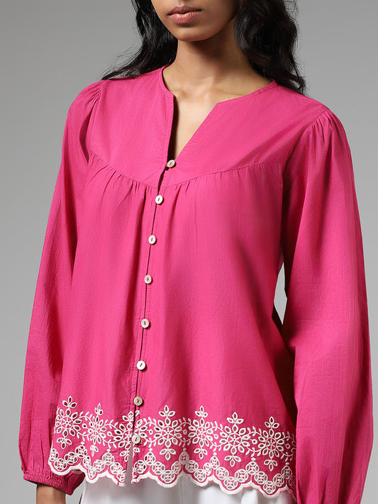Bombay Paisley Pink Schiffli Scalloped-Hem Pleated Top