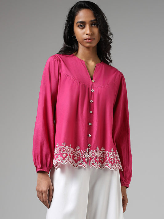Bombay Paisley Pink Schiffli Scalloped-Hem Pleated Top