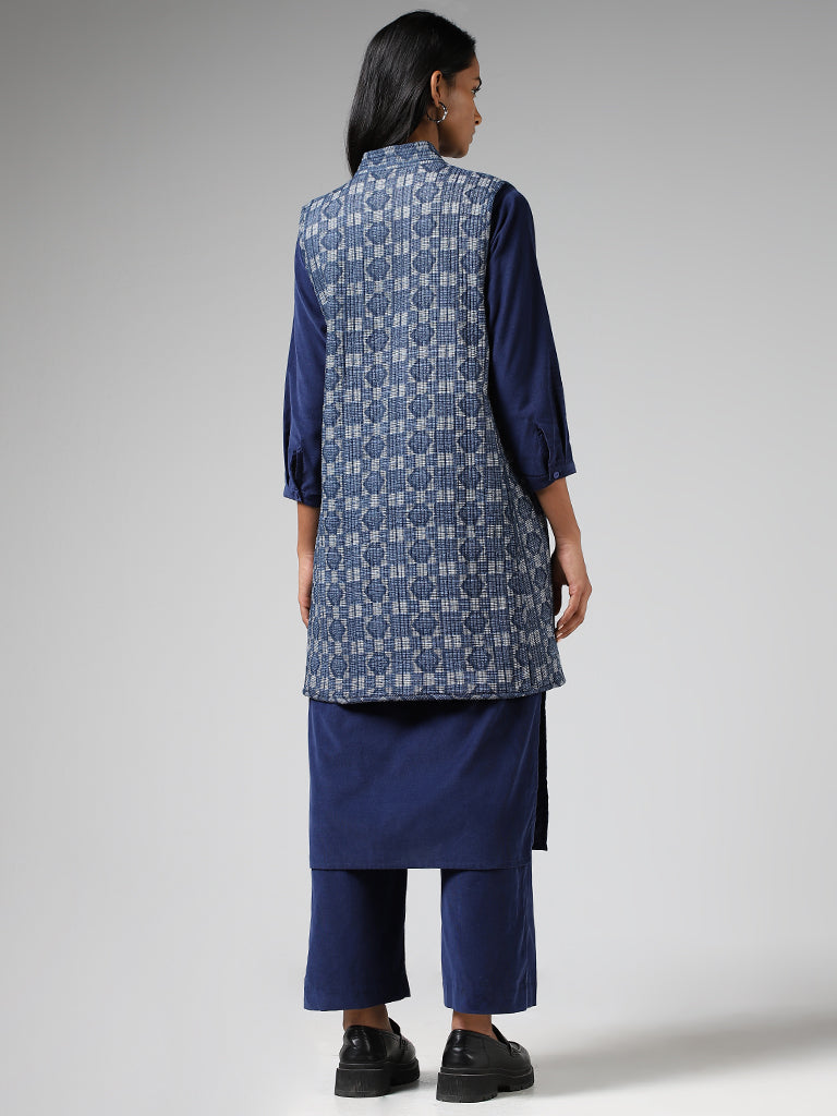 Utsa Indigo Abstract Printed Long Cotton Quilted Reversible Jacket