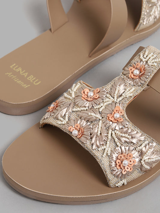 LUNA BLU T-Embroidered Instep Band Beige Sandals