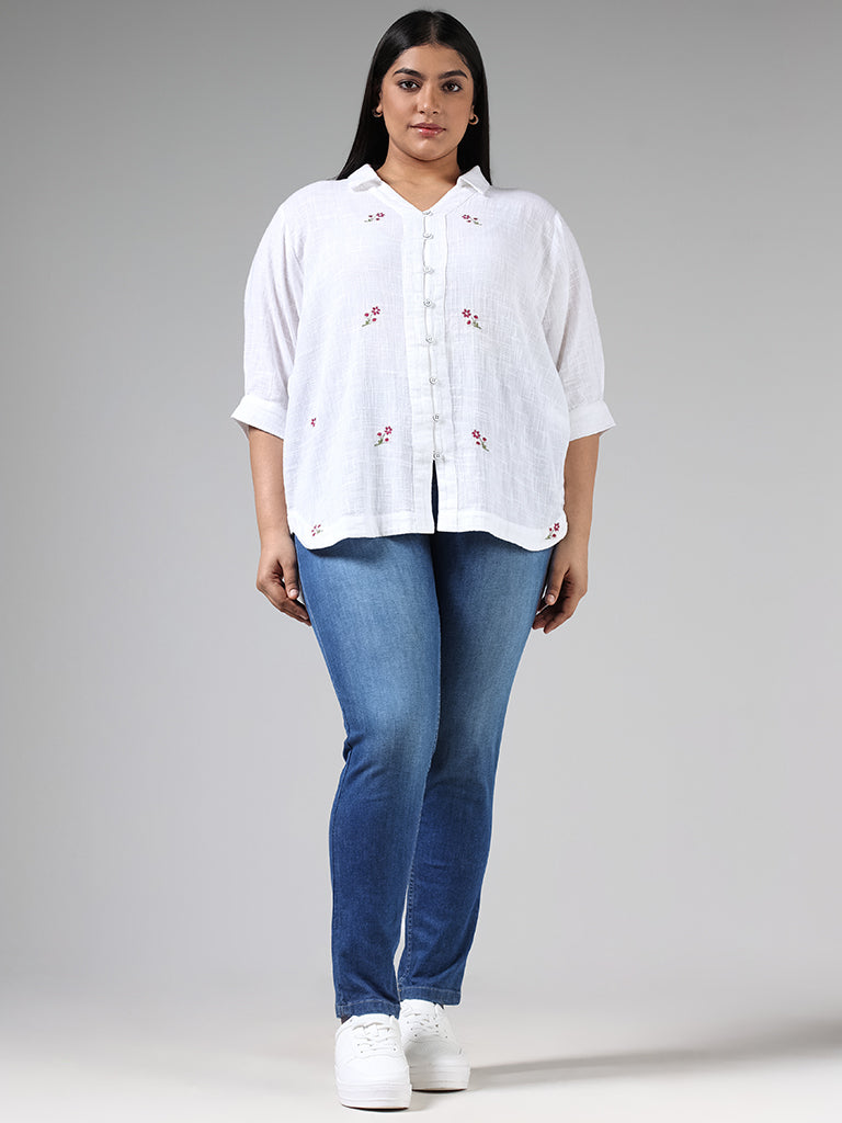 Gia White Floral Embroidery High Low Shirt