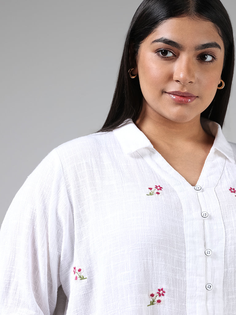 Gia White Floral Embroidery High Low Shirt