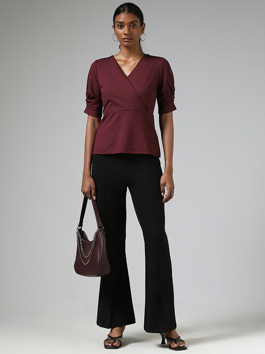 Wardrobe Solid Wine V-Neck Top