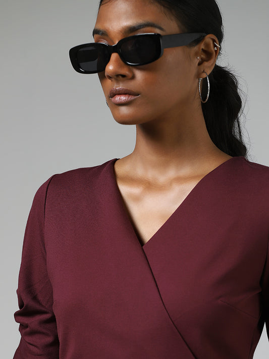 Wardrobe Solid Wine V-Neck Top