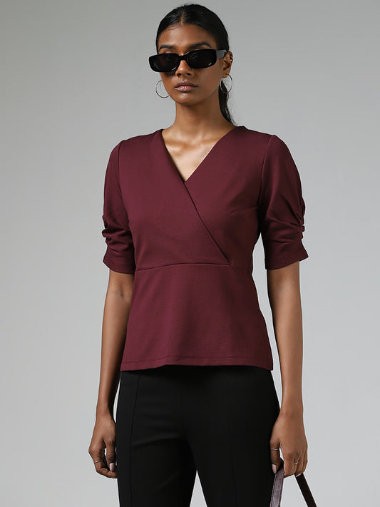 Wardrobe Solid Wine V-Neck Top