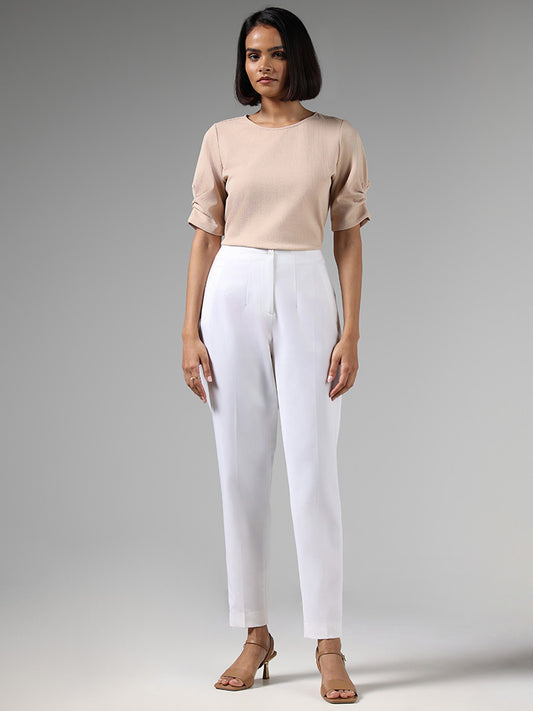 Wardrobe Beige Self-Striped Slim Fit Top