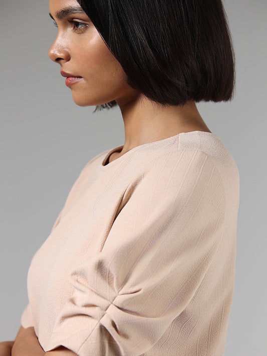 Wardrobe Beige Self-Striped Slim Fit Top