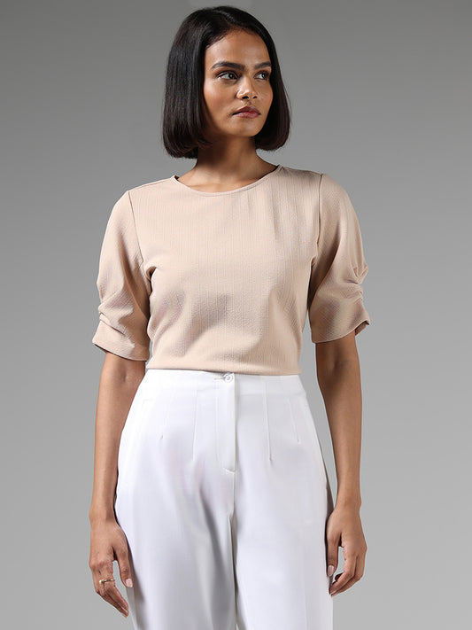 Wardrobe Beige Self-Striped Slim Fit Top