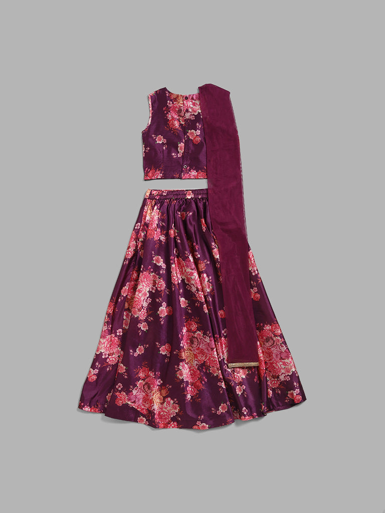 Utsa Kids Purple Floral Printed Choli, Skirt & Dupatta Set (8 -14yrs)