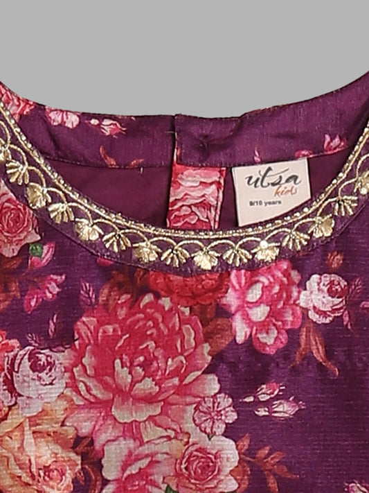 Utsa Kids Purple Floral Printed Choli, Skirt & Dupatta Set