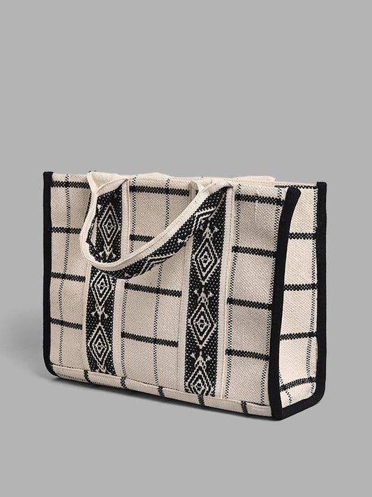 LOV Black & White Checked Jacquard Woven Tote Bag