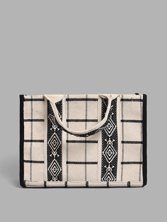 LOV Black & White Checked Jacquard Woven Tote Bag