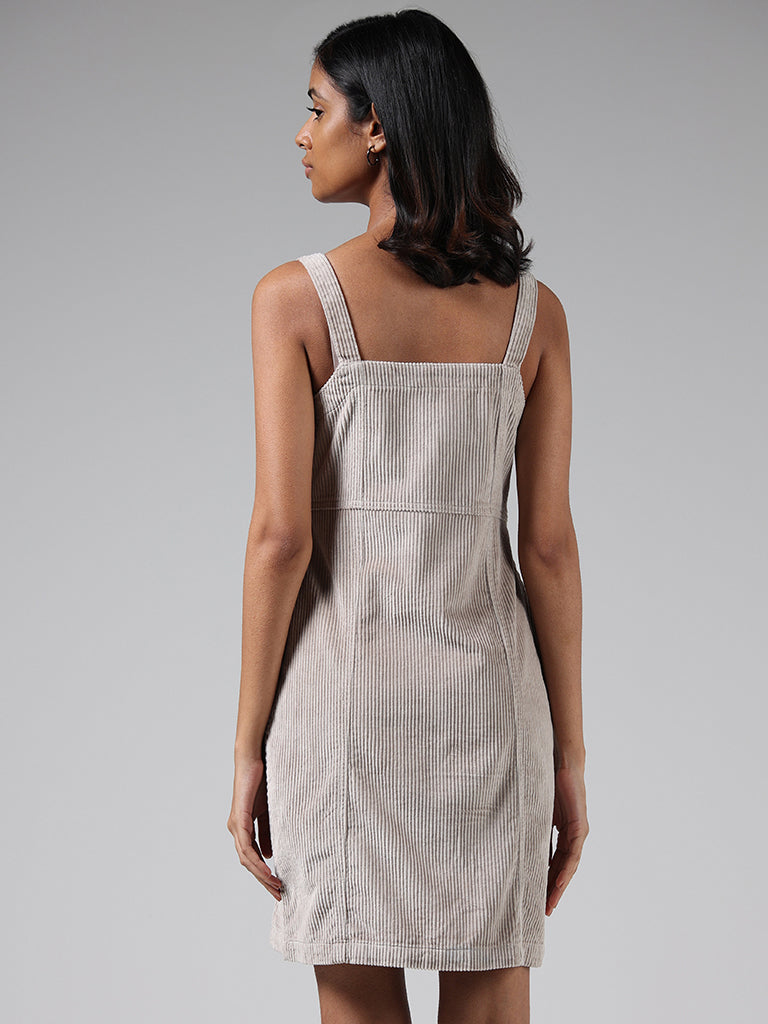 Nuon Beige Self-Striped Cotton Zip Dress