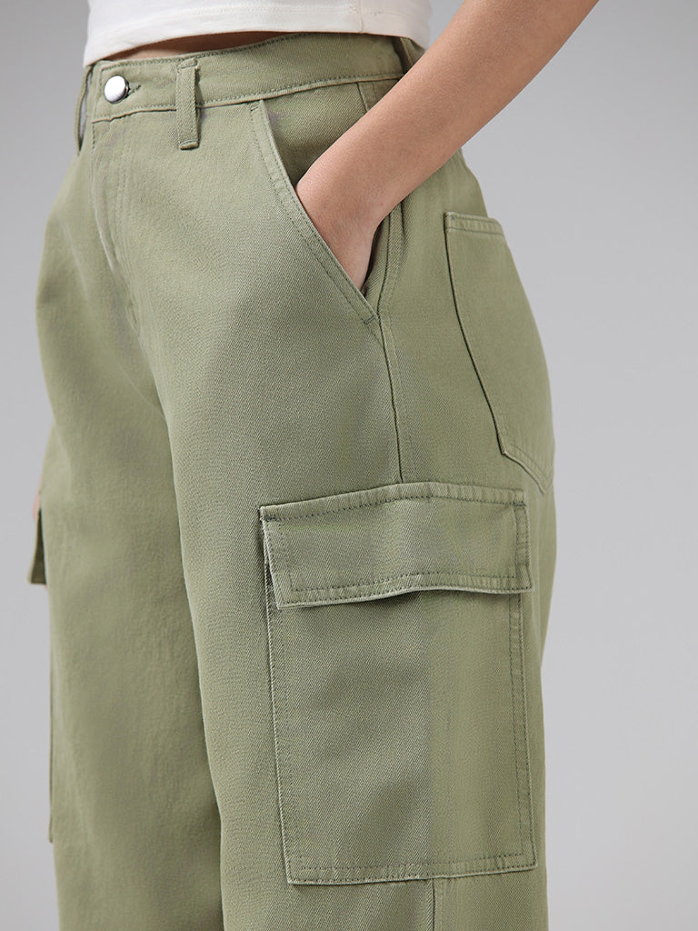 Nuon Solid Sage Green High-Rise Denim Cargo Relaxed Fit Pants