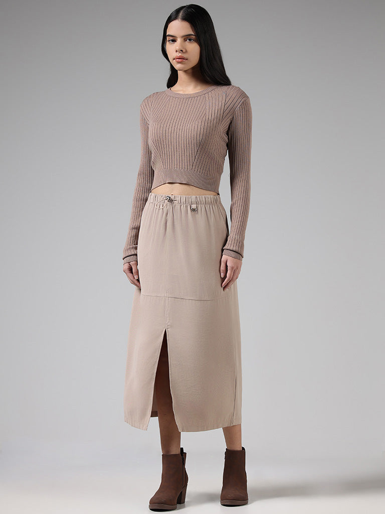 Nuon Solid Beige Front Slit Skirt