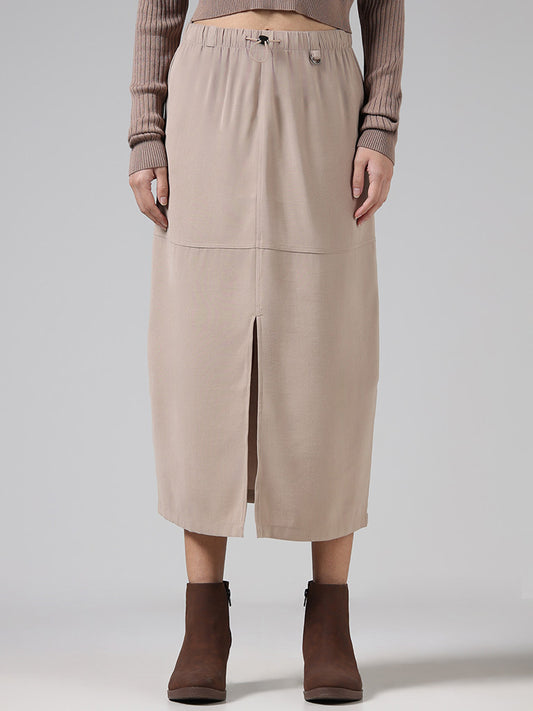 Nuon Solid Beige Front Slit Skirt