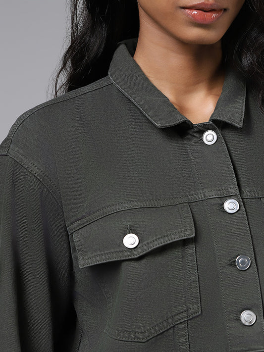 Nuon Solid Olive Green Crop Jacket