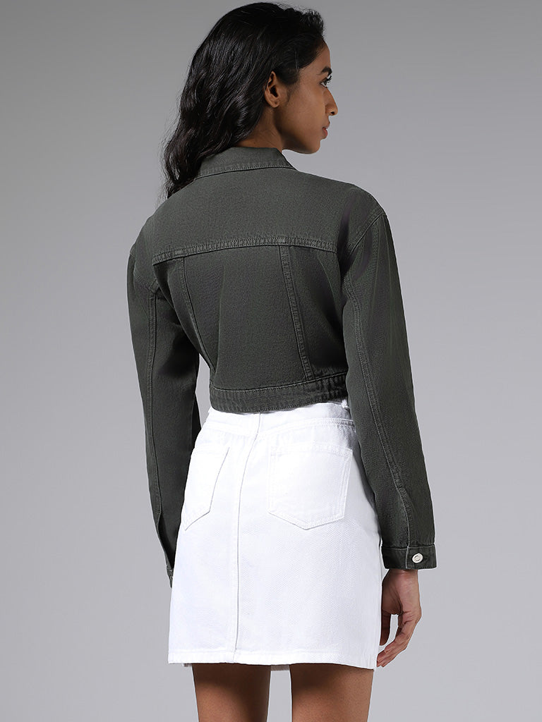 Nuon Solid Olive Green Crop Jacket
