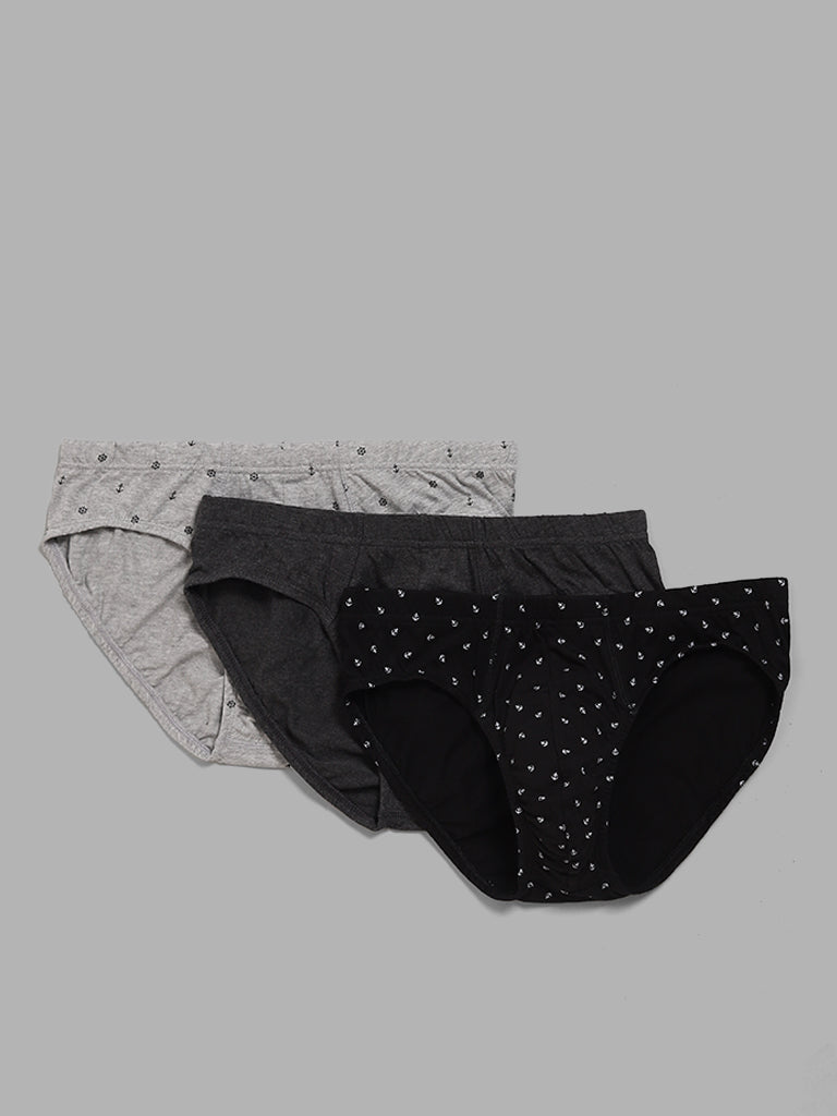 WES Lounge Grey Printed Cotton Briefs - Pack of 3