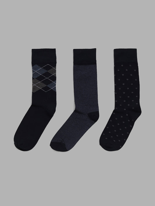 WES Lounge Blue Printed Full Length Socks - Pack of 3