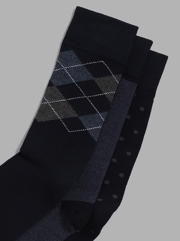 WES Lounge Blue Printed Full Length Socks - Pack of 3