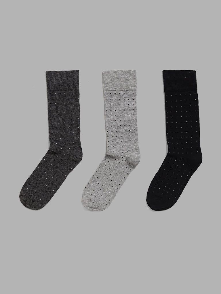 WES Lounge Grey Printed Full Length Socks - Pack of 3