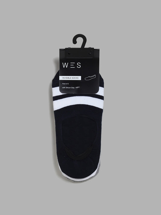 WES Lounge Navy Striped Cotton Blend Invisible Socks - Pack of 3
