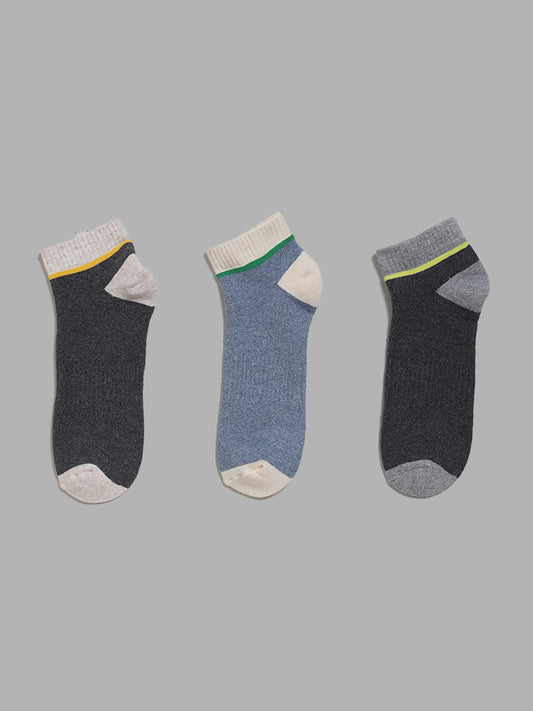 WES Lounge Grey Colorblock Cotton Blend Trainer Socks - Pack of 3