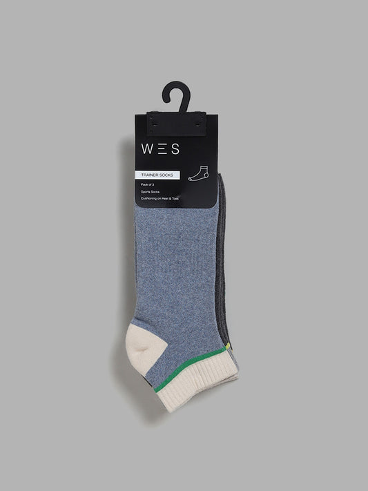 WES Lounge Grey Colorblock Cotton Blend Trainer Socks - Pack of 3