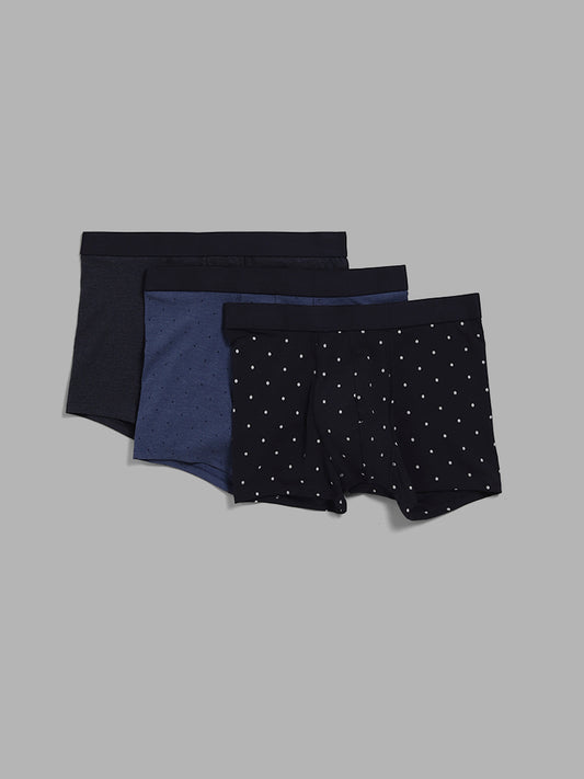 WES Lounge Solid & Polka Dots Blue Trunks - Pack of 3
