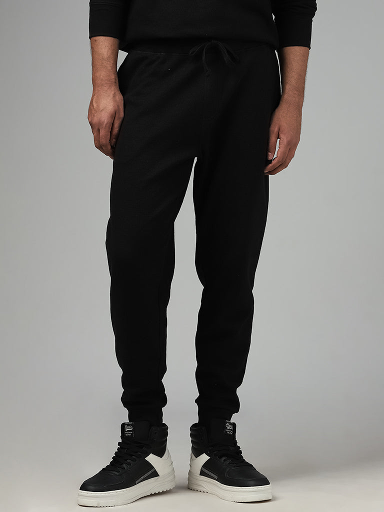 WES Lounge Solid Black Cotton Blend Relaxed-Fit Joggers