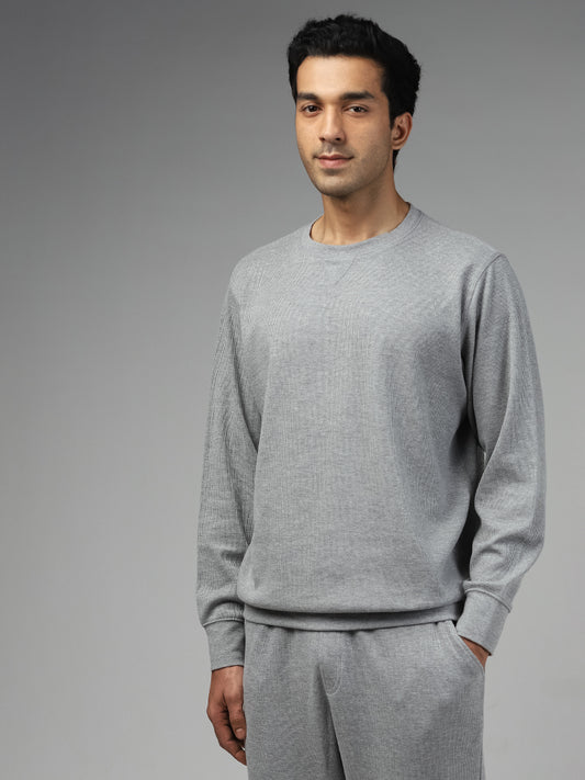 WES Lounge Solid Grey Cotton Blend Relaxed-Fit Sweatshirt