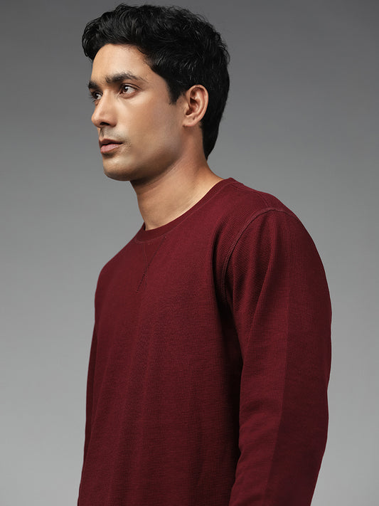 WES Lounge Solid Wine Ribbed Relaxed Fit Sweatshirt