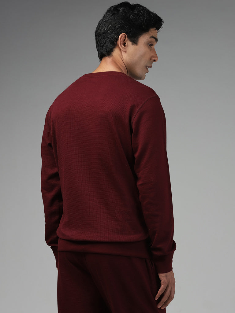 WES Lounge Solid Wine Ribbed Relaxed Fit Sweatshirt