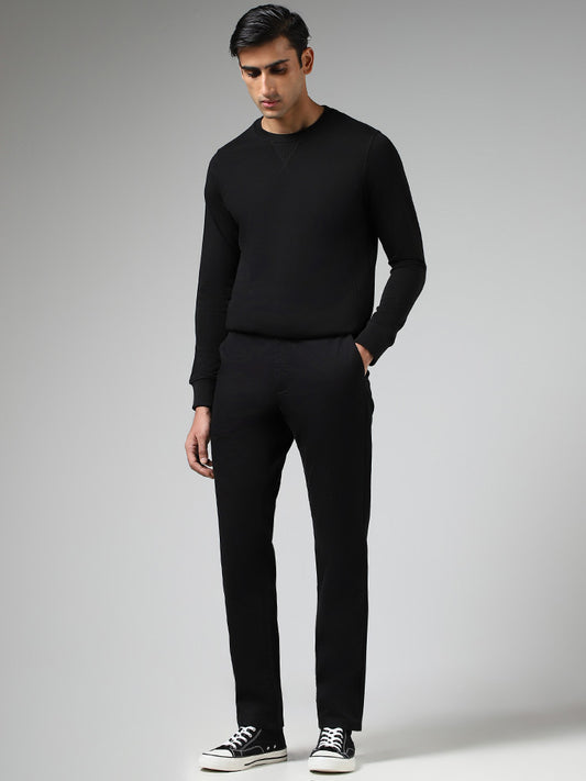 WES Casuals Solid Black Relaxed-Fit Mid-Rise Chinos