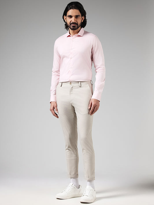 WES Formals Solid Beige Carrot Fit Trousers