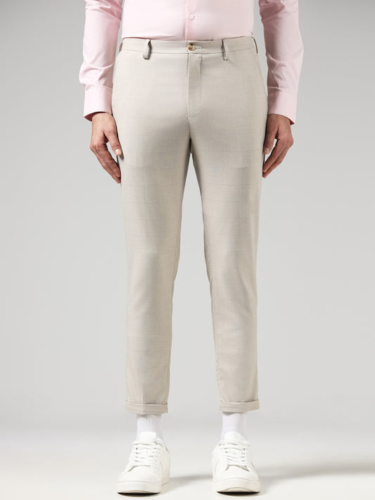 WES Formals Solid Beige Slim-Fit Low-Rise Trousers