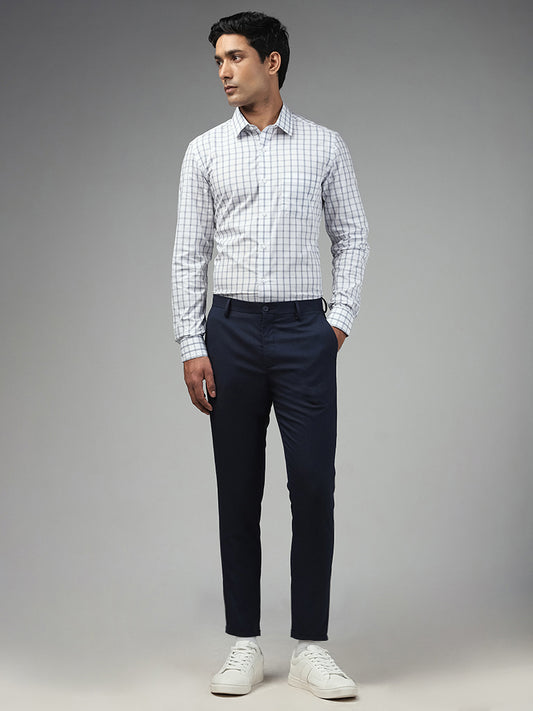 WES Formals Solid Navy Blue Carrot Fit Trousers