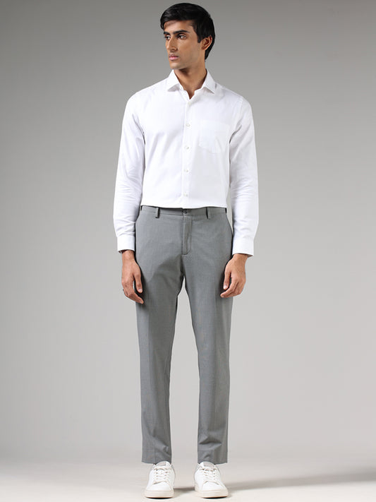 WES Formals Grey Textured Slim Tapered Fit Trousers