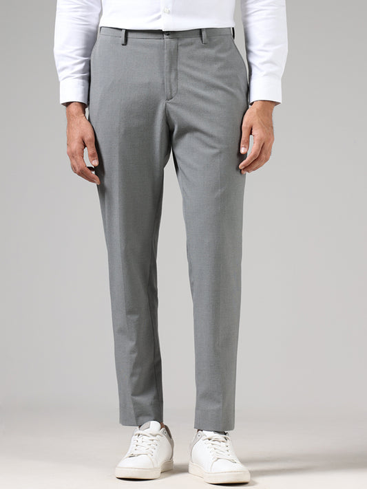 WES Formals Grey Textured Slim Tapered Fit Trousers