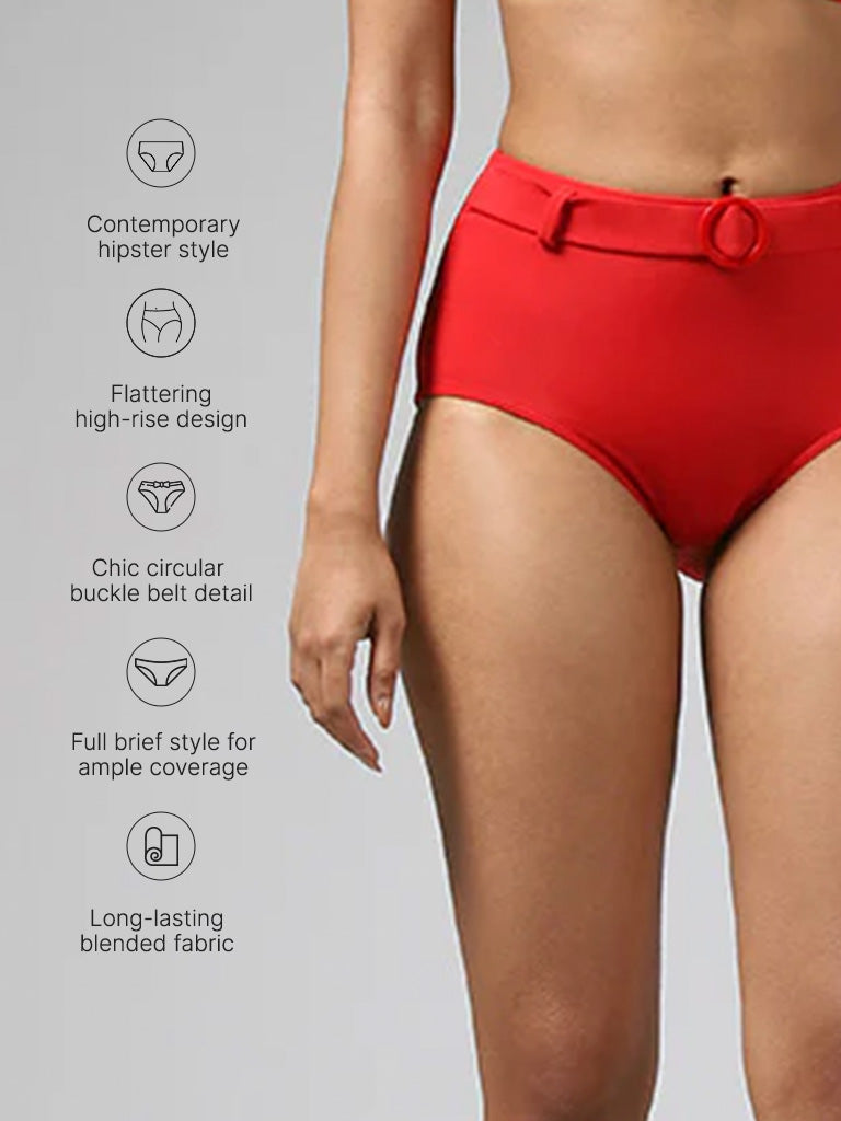 Wunderlove Solid Red Swimwear Brief With Belt