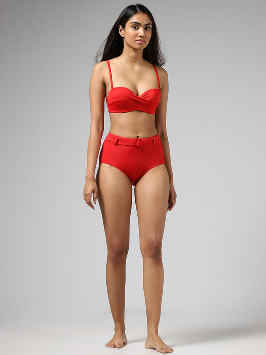 Wunderlove Solid Red Swimwear Brief With Belt