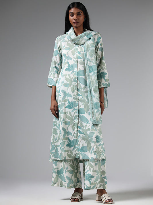 Zuba Green Leaf Printed Chanderi Stole