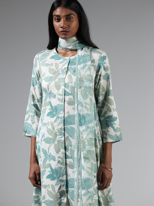 Zuba Green Leaf Printed Chanderi Stole