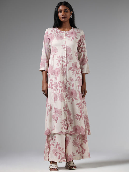 Zuba Pink Floral Printed Buttondown Kurta