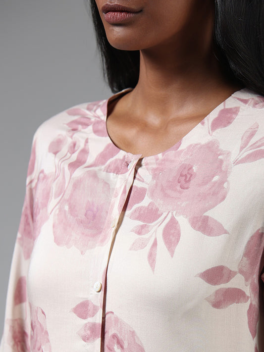 Zuba Pink Floral Printed Buttondown Kurta