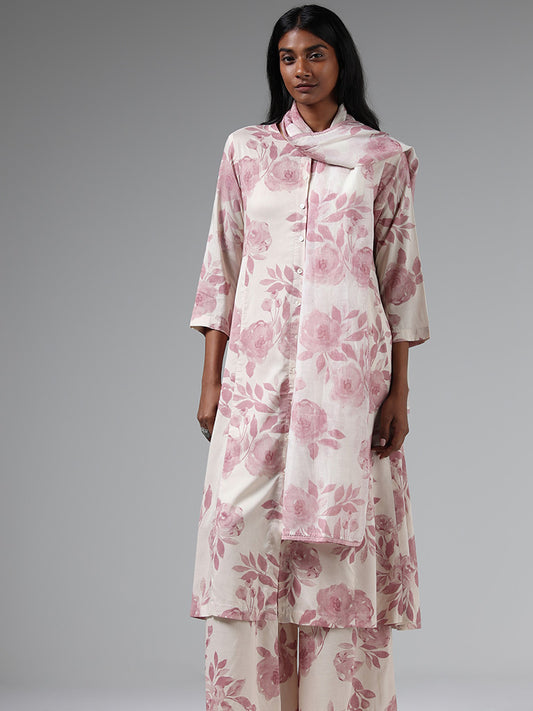Zuba Pink Floral Printed Buttondown Kurta
