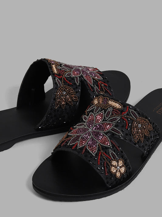 LUNA BLU Black Beaded Floral Embroidered Sandals